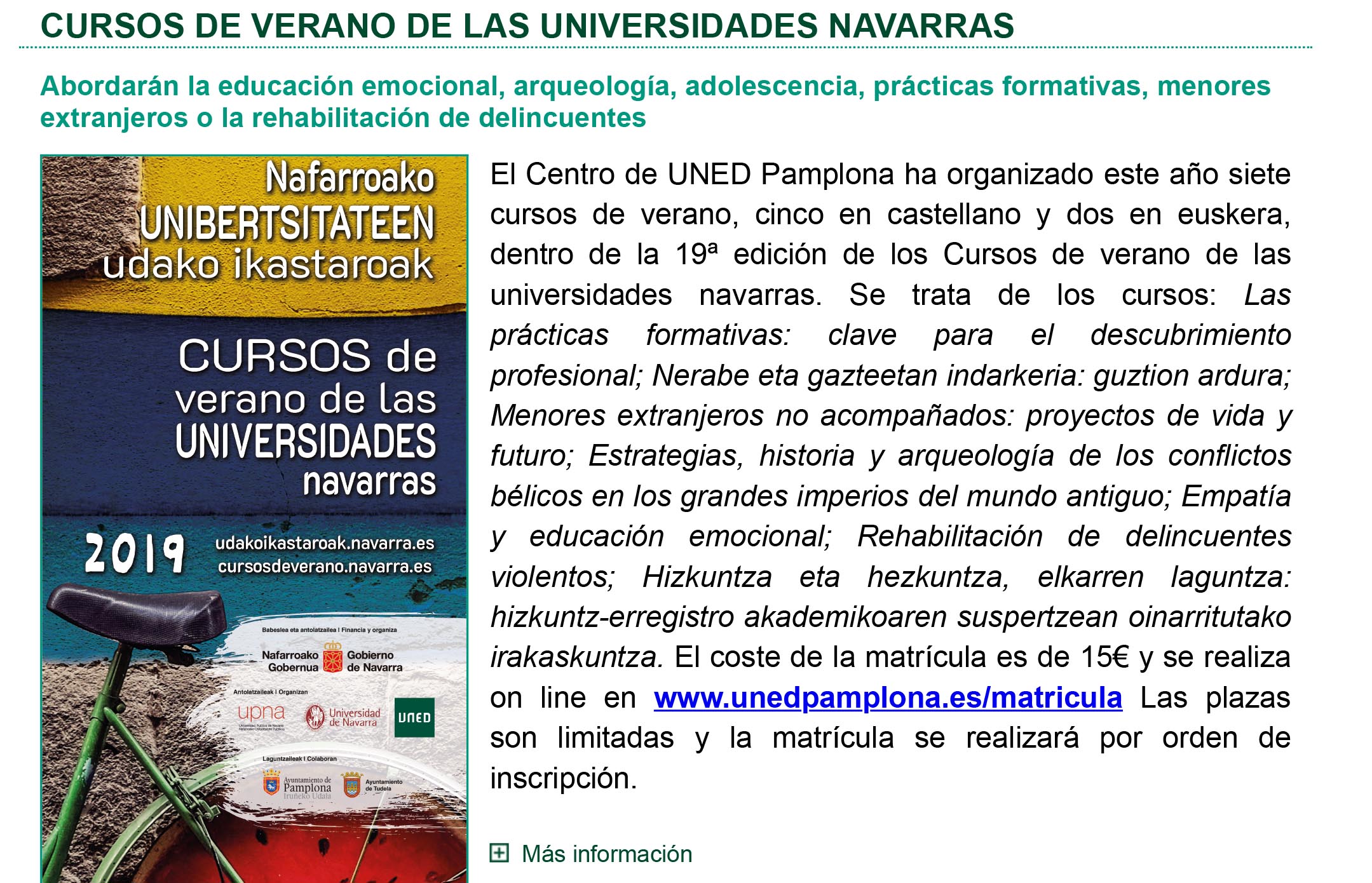 Publicado el boletín informativo de UNED Pamplona correspondiente al mes de junio